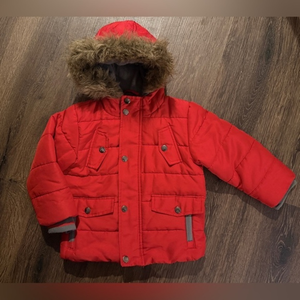 Red Hooded Puffer Jacket with Faux Fur Trim